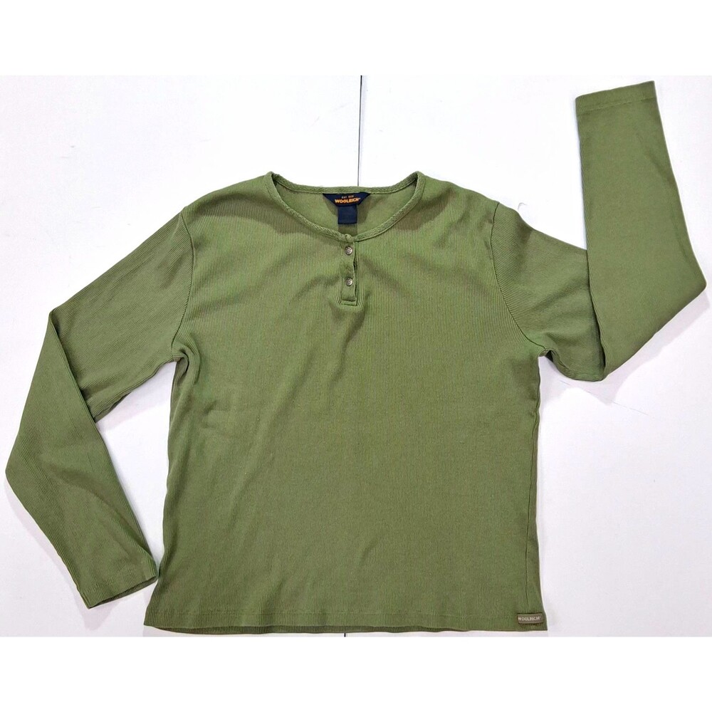 Woolrich Womens Olive Green Knit Cotton Henley Long Sleeve Pullover Top L Solid